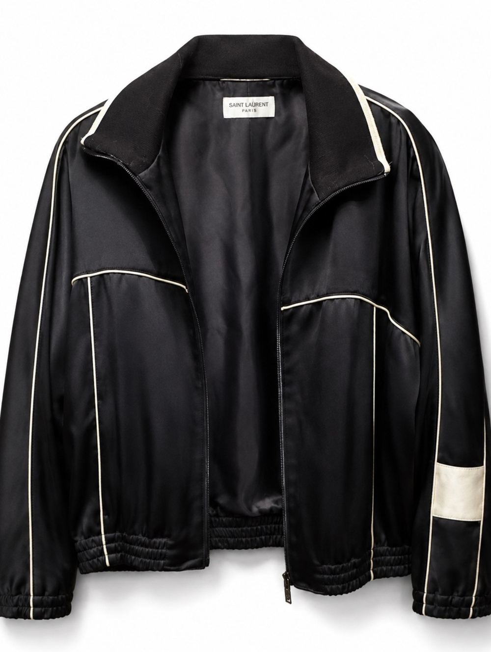 Saint Laurent Paris Black Satin Track Jacket with White Piping and Size 48